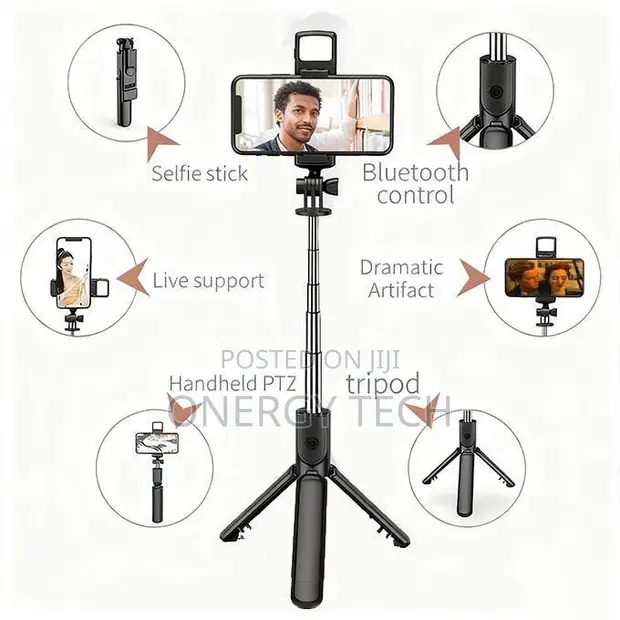 4-in-1 Phone Tripod Stand, Selfie Stick, Light, Bluetooth Remote - 1