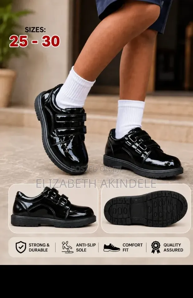 Unisex Leather School Shoes - Black - 1
