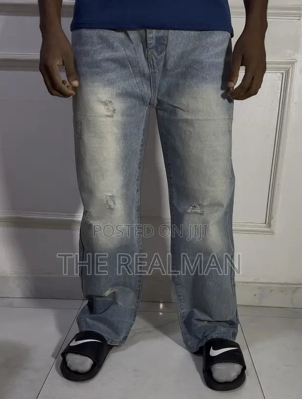 Men's Baggy Jeans - Light Blue Distressed Denim - 1