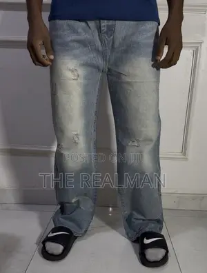 Men's Baggy Jeans - Light Blue Distressed Denim