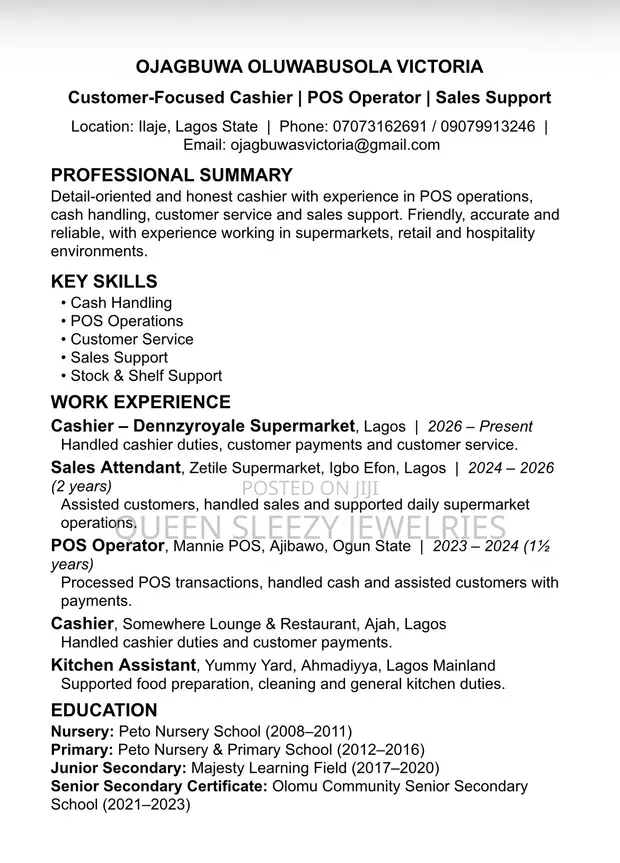 Cashier or Sales Representative CV - 1
