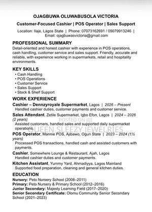 Cashier or Sales Representative CV