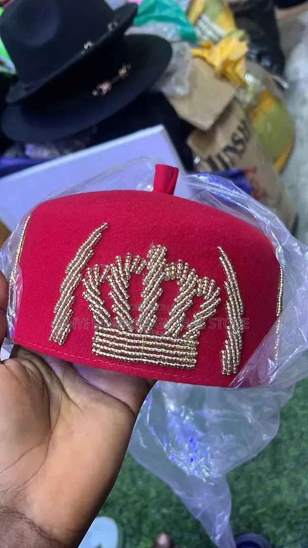 Igbo Igwe Crown Design Red Cap for Traditional Weddings & Occasions - 1