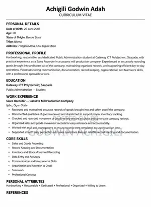 Public Administration Student CV for Internship