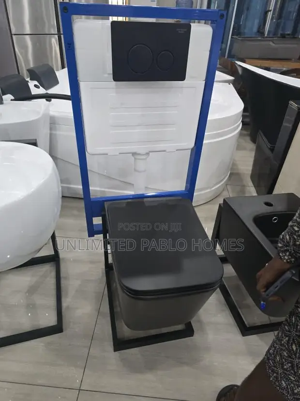 Modern Matte Black Wall Hung Toilet with Concealed Cistern - 1