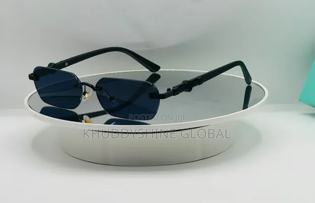 Black Rimless Rectangular Sunglasses - Dark Tinted Lenses - 1