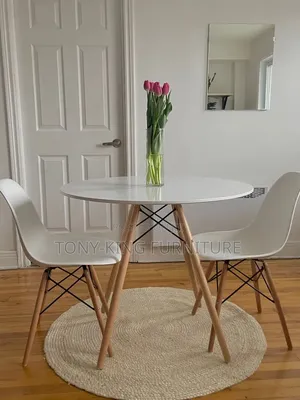Modern White Round Dining Table Set with 2 Eames Chairs