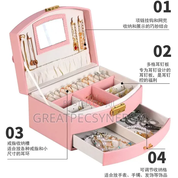 Double Layer Faux Leather Jewelry Organizer Box with Mirror - 1