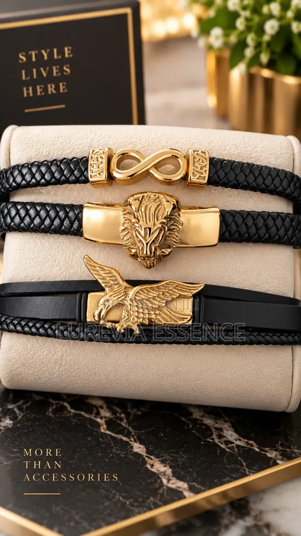 Men's Braided Leather Bracelets with Gold-Toned Accents - 1