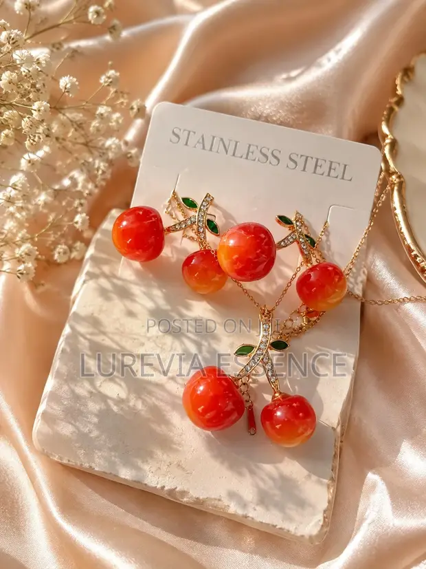 Cherry Charm Necklace and Earring Set - 1