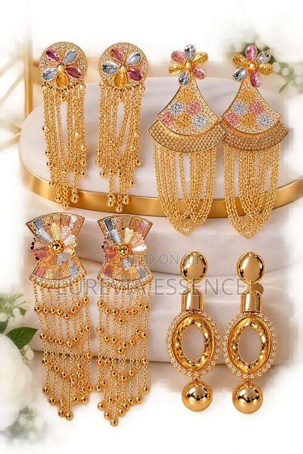 Statement Earrings - Gold Tassel Crystal Floral - 1
