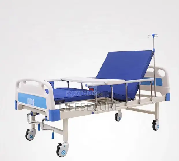 Manual Crank Dual Function Hospital Bed with Overbed Table, IV Pole - 1
