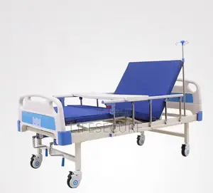 Manual Crank Dual Function Hospital Bed with Overbed Table, IV Pole