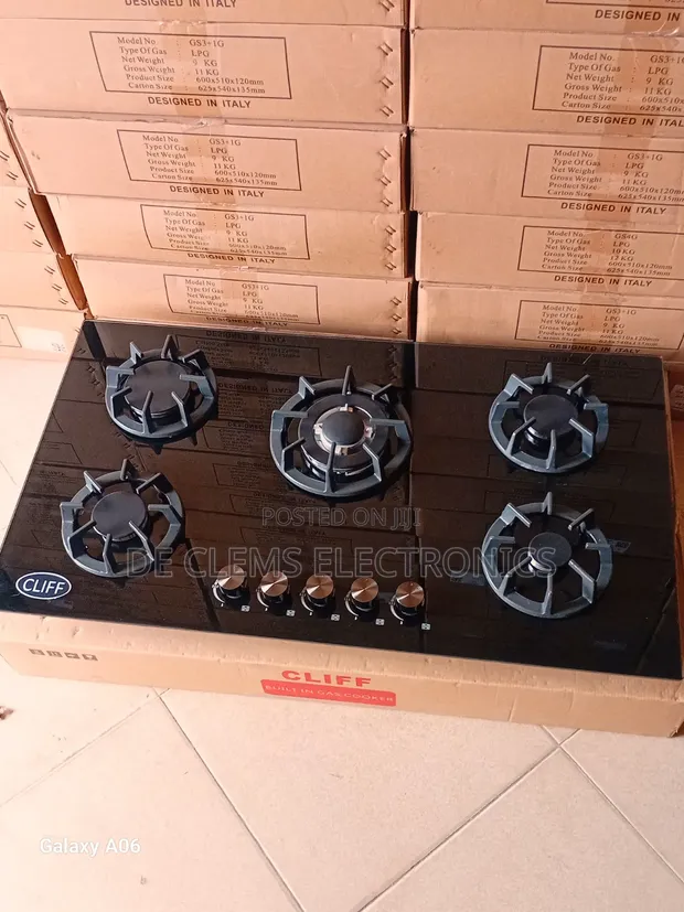 Cliff 5-Burner Inbuilt Gas Cooker - Black Glass - 1