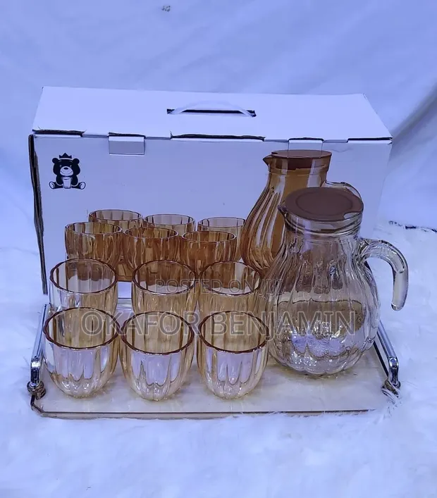 Pumpkin Shape Amber Glass Pitcher Set with 6 Cups & Tray - 1