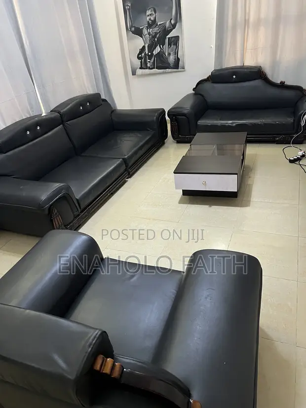 Neatly Used Black Leather Sofa Set - 1