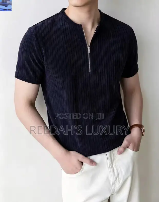 Modern Ribbed Quarter Zip Tee - Navy Blue - 1