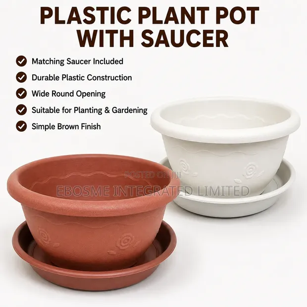 Plastic Flower Pot with Saucer - Brown & White - 1