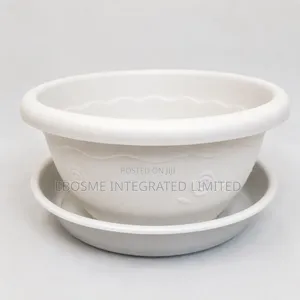 Plastic Flower Pot with Saucer - Brown & White