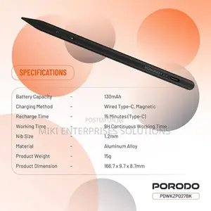 Porodo 130mAh Stylus Pen da Type-C Cajin - Baki