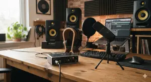 M-Audio BX5D2 Monitors, Behringer UMC202HD, C-1 Mic, HPM1000 Headphones