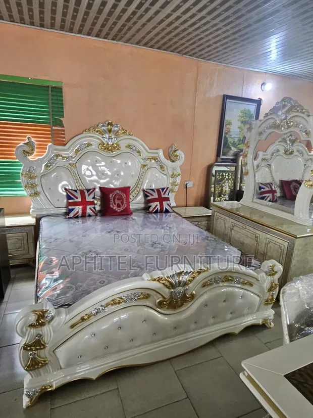 White Royal King Size Bed with Dressing Mirror & Stool - 1