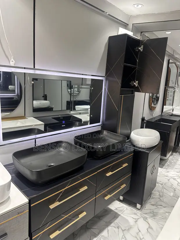 Modern Double Bowl Black Bathroom Cabinet with LED Mirror - 1