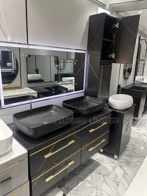 Modern Double Bowl Black Bathroom Cabinet with LED Mirror