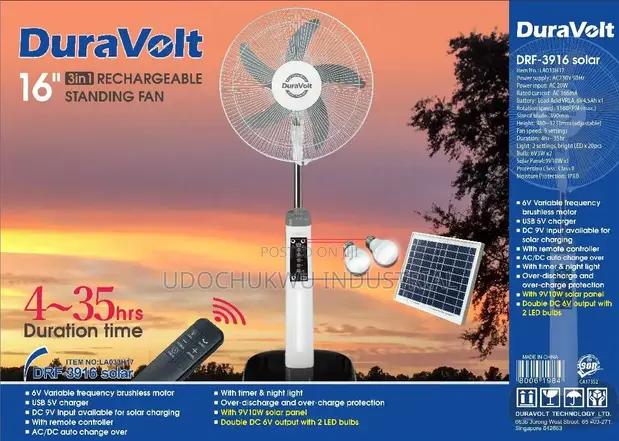 16" Duravolt Rechargeable Standing Fan - 1