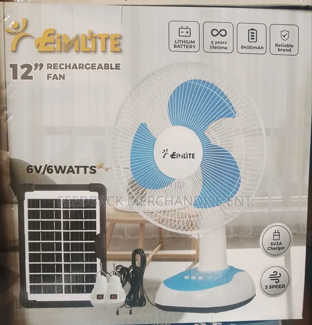 Eimlite Rechargeable Table Fan 12" with Solar Panel & LED Light - 1