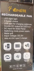 Eimlite Rechargeable Table Fan 12" with Solar Panel & LED Light - 2