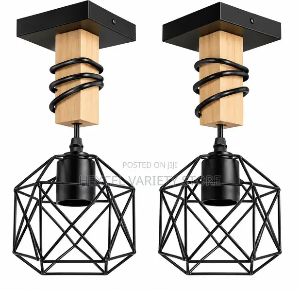 Modern Geometric Cage Ceiling Light - Wood & Black Metal - 1