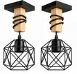 Modern Geometric Cage Ceiling Light - Wood & Black Metal - 1