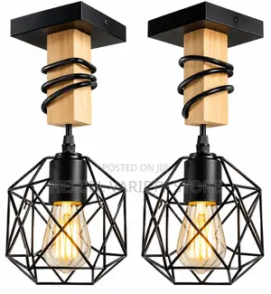 Modern Geometric Cage Ceiling Light - Wood & Black Metal