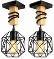 Modern Geometric Cage Ceiling Light - Wood & Black Metal - 2