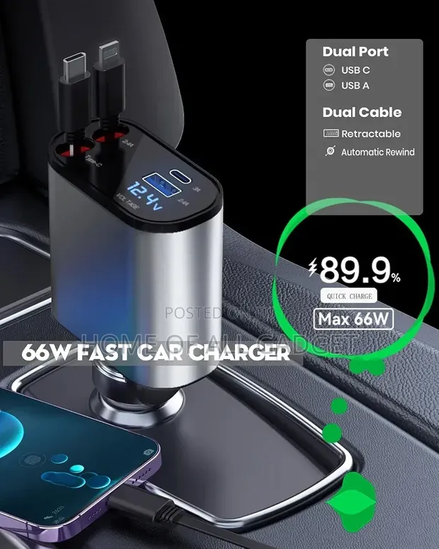 4-in-1 Car Charger Mai Dual Retractable USB-C PD Fast Charging - 1