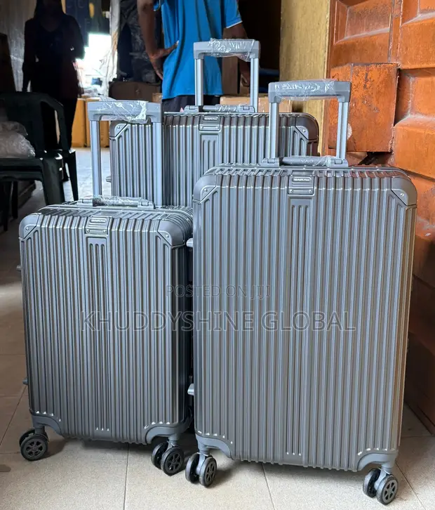 Grey Vertical-Striped Aluminum Trolley Suitcases (Set of 3) - 1