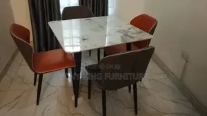 Modern 4-Seater Marble Dining Table Set with Black Metal Legs