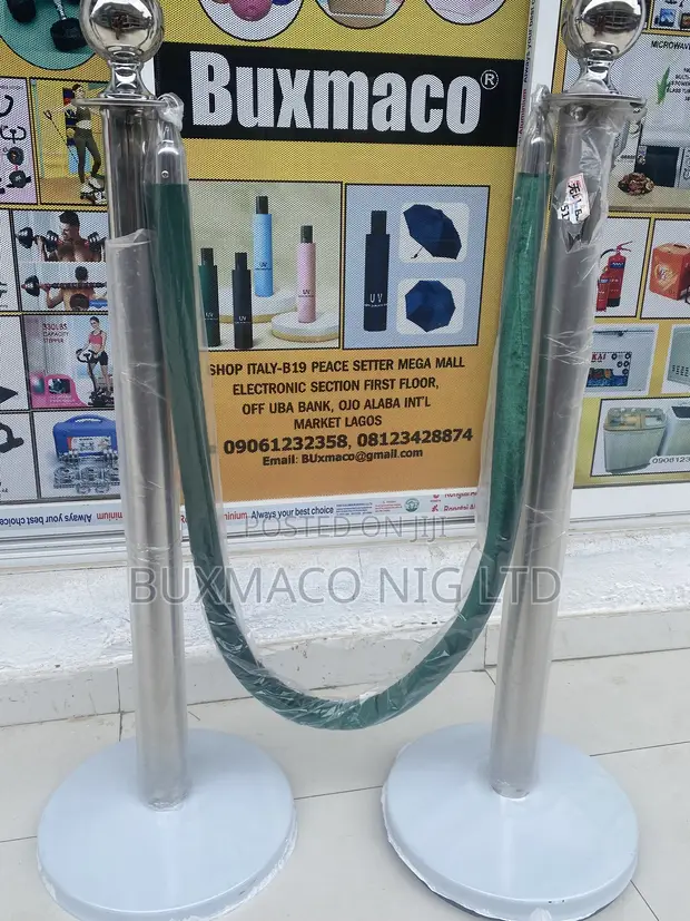 Crowd Control Stanchions with Green Rope - 1