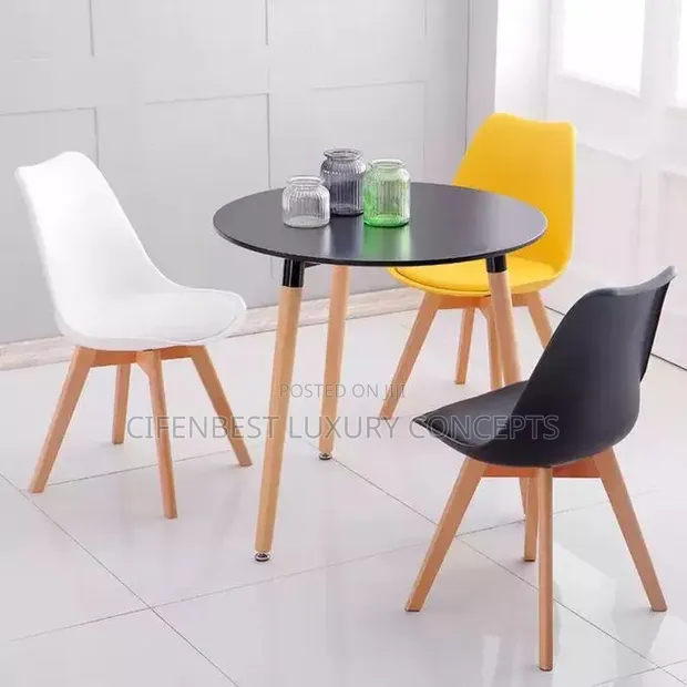 Stylish Round Dining Table Set - Black Top, 3 Colored Chairs - 1
