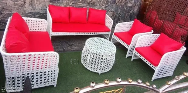 Modern Outdoor Synthetic Wicker Sofa Set with Red Cushions - 1