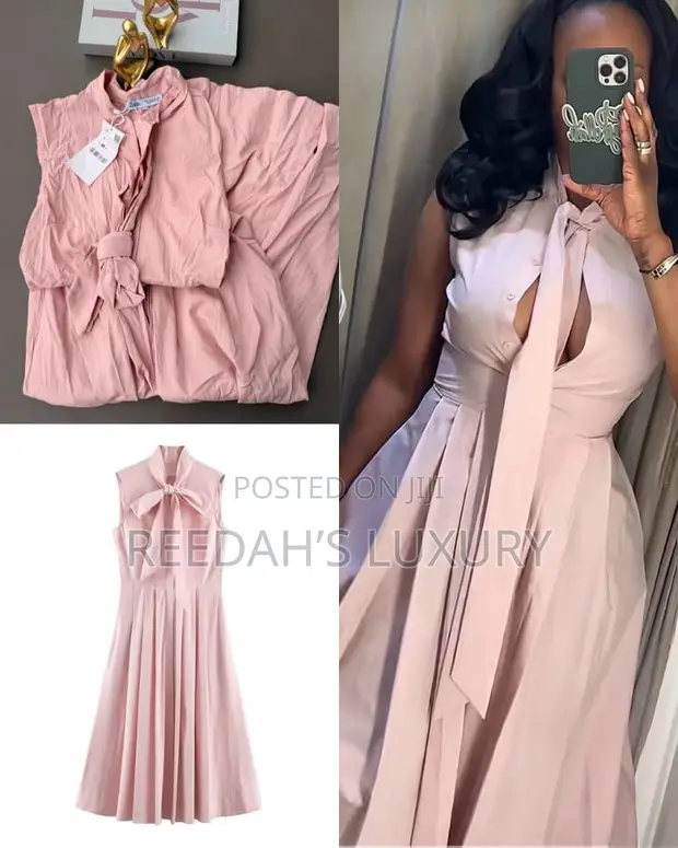Blush Tie-Neck Pleated Midi Dress - 1