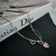 Silver Tone Woman Chain Necklace with Pink Heart - 2