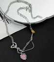 Silver Tone Woman Chain Necklace with Pink Heart - 3