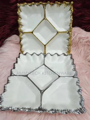 Five-Grid Ceramic Serving Platter with Metallic Trim