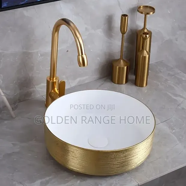 Gold and White Round Countertop Basin - 1
