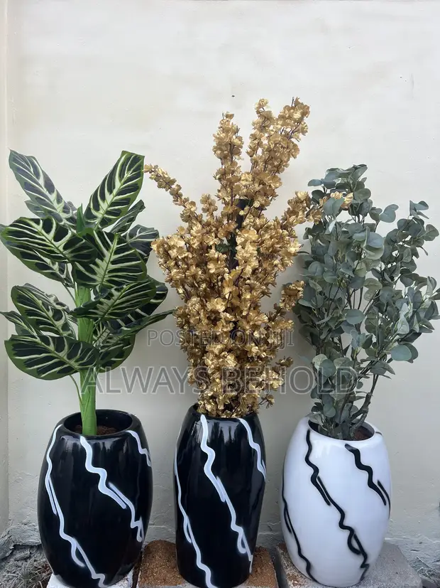 Luxury Black & White Designer Vases with Botanical Arrangements (Set of 3) - 1