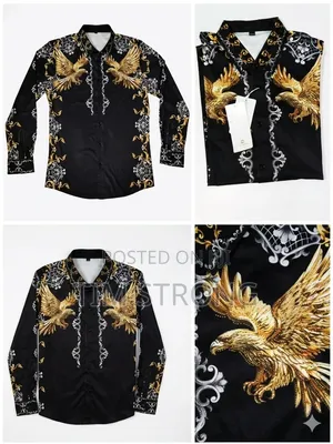 Men's Luxury Black Gold Eagle Long-Sleeve Shirt