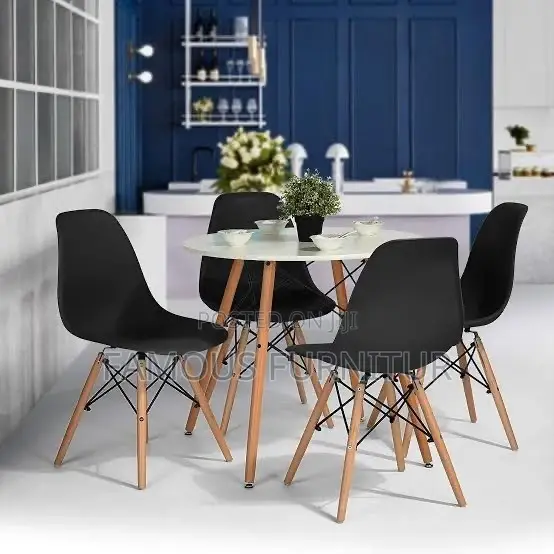 Mid-Century Modern Dining Set Mai Zagaye - Farin Tebur & Bakaken kujeru - 1