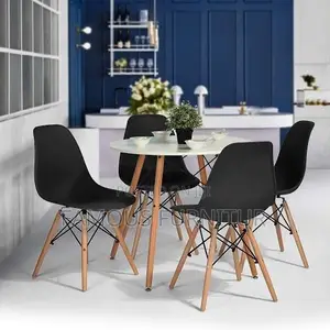 Mid-Century Modern Round Dining Set - White Table & Black Chairs